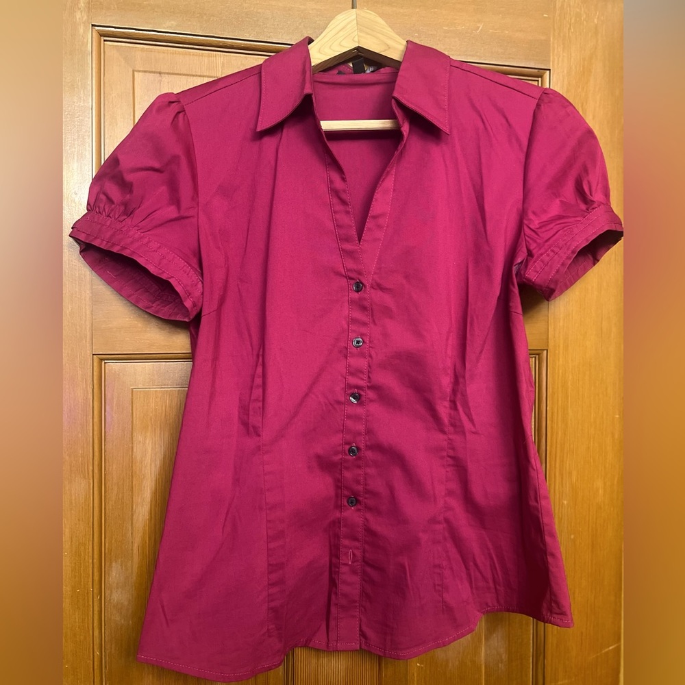 Express Design Studio Short Puff Sleeve, V-Neck Dress Shirt